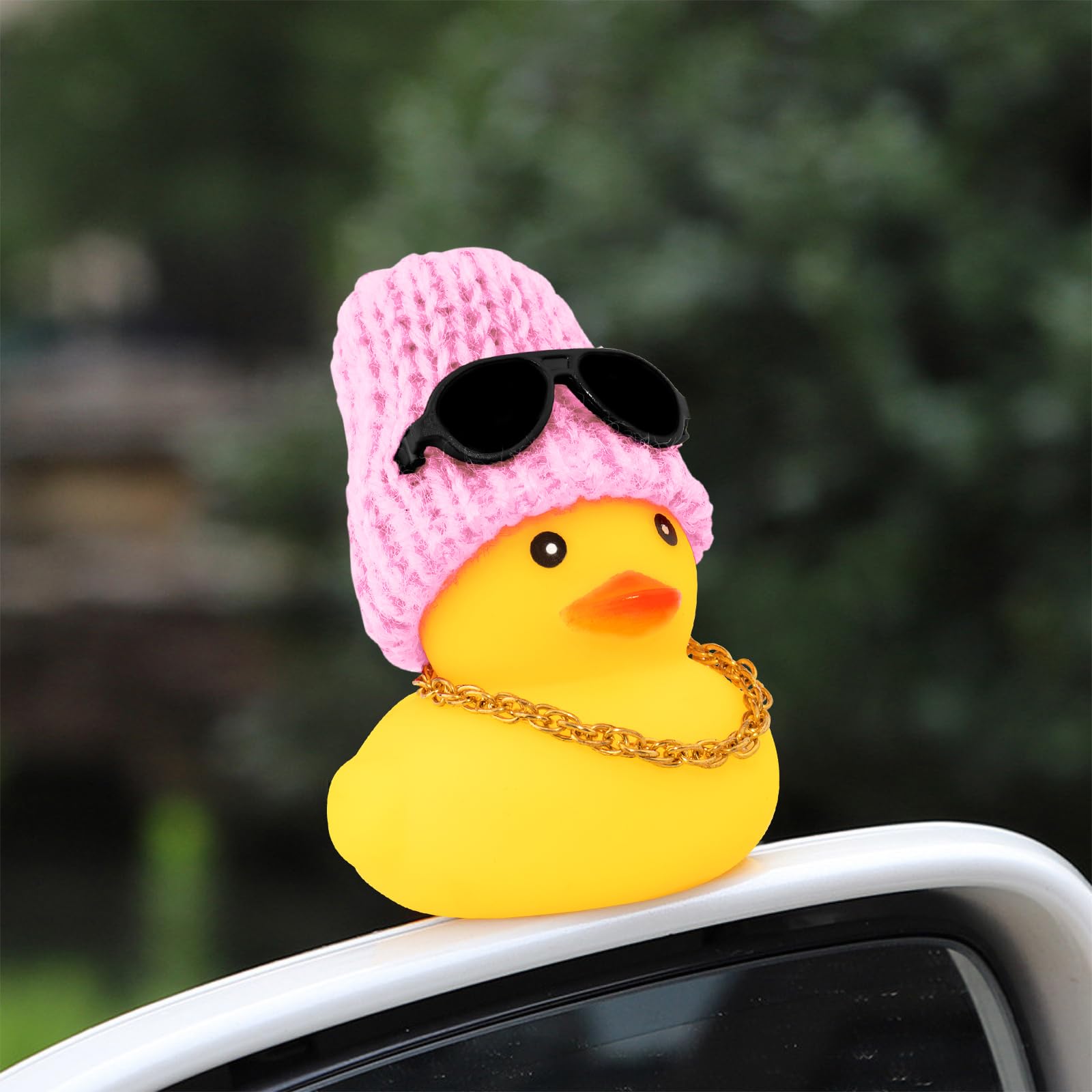wonuu Swim Ring Rubber Ducks with Crown/Knitted Hat Sunglasses Pearl/Necklace for Cars Dashboard Decorations Car Accessories Duck Car Ornament, Queen+Pink