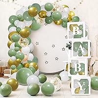 RUBFAC 140pcs Olive Sage Green Balloon Garland Arch Kit and 4pcs Transparent Baby Boxes for Baby Shower Birthday Party Decorations