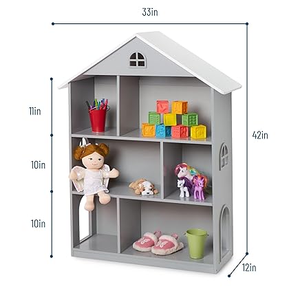 Wildkin Kids Wooden Dollhouse Bookcase for Girls, Measures 42 x 12 x 33 Inches, Dollhouse Bookshelf Keep Toys, Games, Books, and Art Supplies Organized, Ideal for Bedroom or Playroom, BPA-Free (Grey)