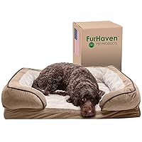Furhaven Cooling Gel Dog Bed for Large/Medium Dogs w/ Removable Bolsters & Washable Cover, For Dogs Up to 55 lbs - Plush & Velvet Waves Perfect Comfort Sofa - Brownstone, Large