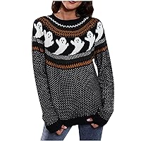 Halloween Women's Cute Ghost Sweater Vintage Fair Isle Pattern Crewneck Knitted Pullover Casual Long Sleeve Tops