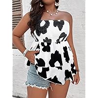 Plus Size Womens Tops Plus Allover Print Shirred Bodice Layered Hem Tube Top (Color : Black and White, Size : X-Large)