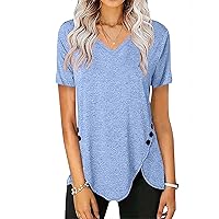Womens Short Sleeve V-Neck T-Shirt, Plus Size Loose Causl Basic Going Out Shirts Lightweight Summer Tee with Botton