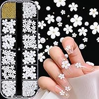 3D White Flower Nail Stickers Charm Decoration Decals 12 Grids Nail Flower Pearl Gold Caviar Beads Glitter Design Acrylic Nails Supplies Stickers for Women Floral Manicure Tips DIY Accessories Craft