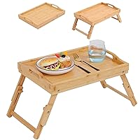 Bamboo Bed Tray Table, Breakfast Tray for Eating with Folding Adjustable Legs & Handles, Whole Bamboo