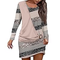 Dresses for Women Print Fashion Loose Crewneck Sweatshirt Stacked Patchworkear Outdoor Long Sleeve Dress