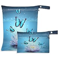 visesunny Blue Butterfly Lotus 2Pcs Wet Bag with Zippered Pockets Washable Reusable Roomy for Travel,Beach,Pool,Daycare,Stroller,Diapers,Dirty Gym Clothes, Wet Swimsuits, Toiletries