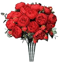 Hoikwo 4 Bunches Small Vintage Red Peony Artificial Flowers (20 Peony Heads), Silk Fake Fake Silk Flowers Bouquet with Stems for Home Wedding Party Table Centerpieces