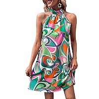 SOLY HUX Women's Allover Print Halter Sleeveless Tunic Short Dress Summer Dresses