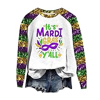 Mardi Gras Shirts for Women Long Sleeve O-Neck Stretchy Funny Mardi Gras Graphic Spring Tops for Women
