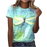 Women Summer Short Sleeve T-Shirt Vintage Butterfly Dragonfly Print Tops Cute Animal Graphic Tees Crewneck Blouse