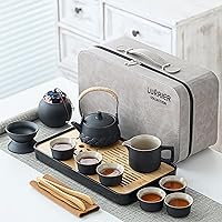 LURRIER Gongfu tea sets, Portable Ceramic TeaSet, Asian Tea sets for adult, Tea Gift sets, Grey leather case, Portable Travel Bag,Home,Gifting,Outdoor and Office(13 Pieces,Black)