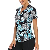 LURANEE Women's Short Sleeve Moisture Wicking Athletic Shirts Quarter Zip Pullover, Black Blue Floral, M