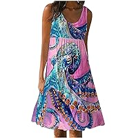 Plus Size Beach Sundress Women's Funny Sea Animals Print Flowy A-Line Dress Summer Sleeveless Scoop Neck Mini Dress