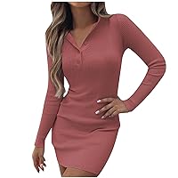 Women's Fall Sweater Dress Sexy V Neck Bodycon Knit Jumper Dresses Casual Long Sleeve Ribbed Pullover Mini Dress