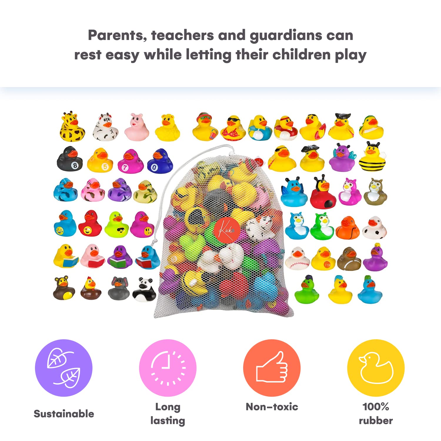 Kicko Assorted Rubber Ducks in Bulk - 50 Pack - 2 Inches - for Kids, Sensory Play, Stress Relief, Stocking Stuffers, Classroom Prizes, Decorations, Supplies, Holidays, Pinata Filler, and Rewards