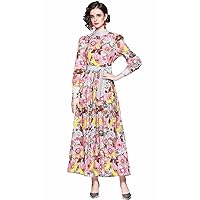 Women's Maxi Dresses Floral Print Casual A line Work Formal Holiday Daily Button Up Pink Long Sleeve Daily Dress (Pink, US 12,Asian Size XL)