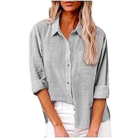 Spring Tops for Women 2024,Linen Tops for Women Long Sleeve Collared Button Up Shirts 2024 Fashion Loose Fit V Neck Blouse with Pocket Rayon Short Sleeve Top