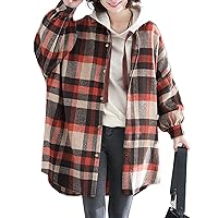 Flygo Women's Fall Plaid Flannel Shacket Jacket Mid-Long Button Down Shirt Pocketed Coat Tops