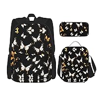 3-In-1 Backpack Bookbag Set,Gold White Butterflies Black Print Casual Travel Backpacks,With Pencil Case Pouch, Lunch Bag