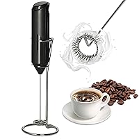 Milk Frother Handheld with Stainless Steel Stand, Battery Operated Whisk Maker Hand Drink Mixer for Lattes, Coffee, Cappuccino, Matcha, Black