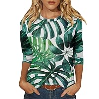Floral 3/4 Length Sleeve Crew Neck Womens Tops Tees Blouses Plus Size Cotton Dressy Casual Tunic T Petite Shirts