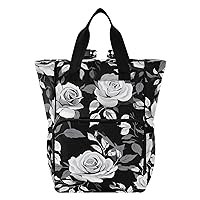 White Rose Black Diaper Bag Backpack for Men Women Large Capacity Baby Changing Totes with Three Pockets Multifunction Baby Bag for Playing Picnicking