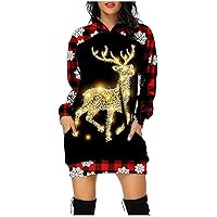 Christmas Hoodie Sweatshirt Dresses Christmas Tree Plaid Snowflake Print Long Sleeve Party Dress Womens Fall Fashion