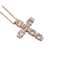 Natural 4 MM Round Pink Morganite Holy Cross Pendant Necklace 925 Sterling Silver October Birthstone Unisex Morganite Jewelry Christmas Gift For Her(PD-8283)
