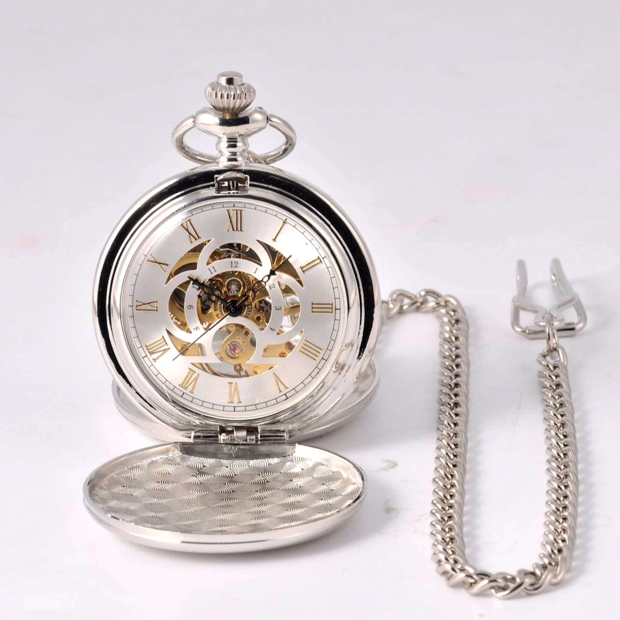Personalized Antique Mechanical Movement Silver Pocket Watch Custom Engraved Free with Gift Box - Ships from USA (PW51)