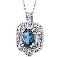 PEORA London Blue Topaz Pendant Necklace in Sterling Silver, Natural Gemstone, Vintage Halo Solitaire, Oval Shape, 7x5mm, 0.75 Carat, with 18 inch