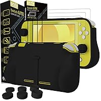 Orzly Black Comfort Grip Case, Thumb Grips, & 4 pack of Glass Screen Protectors for Switch Lite - Bundle