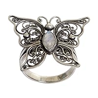NOVICA Artisan Handmade Rainbow Moonstone Cocktail Ring Butterfly from Indonesia .925 Sterling Silver Clear Animal Themed 'Open Wings'
