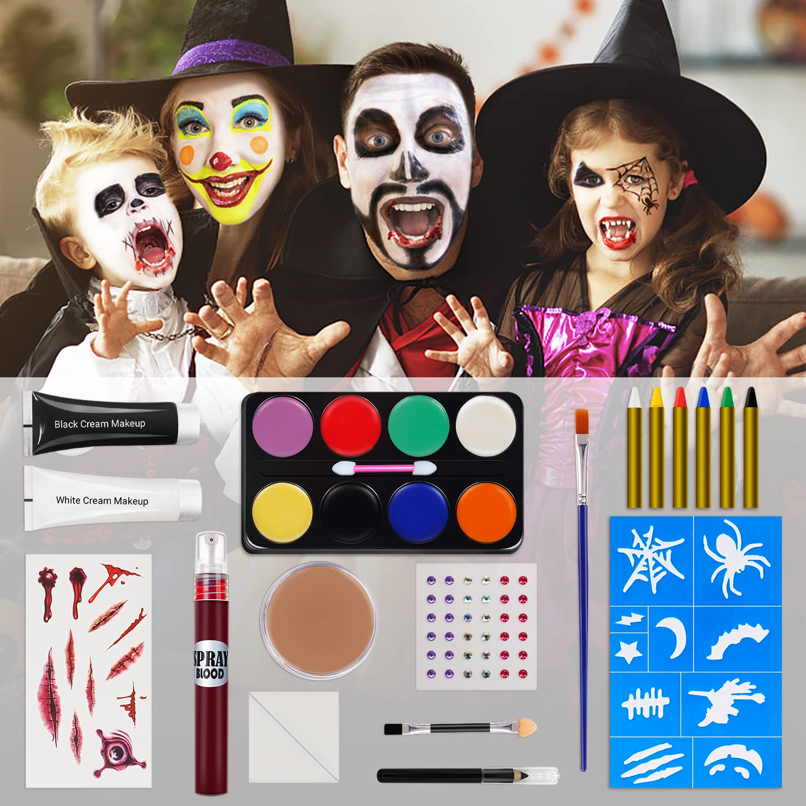 2022 Upgraded Halloween Makeup Kit, White Black Skeleton Face Paint, Clown Witch Makeup Palette, Vampire Zombie Makeup Kids Adult Special Effects: Fake Blood Scar Wax Tattoos Stencils Crayons Set