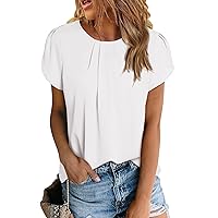 PRETTYGARDEN Women's Tops 2024 Casual Summer Round Neck Short Sleeve Basic Pleated Loose Fit Blouses Plain Tunic Shirts