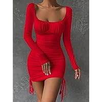 Dresses for Women Ruched Bust Drawstring Side Bodycon Dress (Color : Red, Size : X-Small)