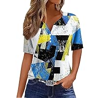 Womens Summer Tops V- Neck T Shirt Tee Print Button Short Sleeve Daily Weekend Fashion Basic Regular Top