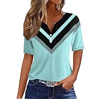 Womens 2024 Summer Tops Short Sleeve Contrast Color Gradient Shiny Blouse V Neck Button Down Casual Shirts