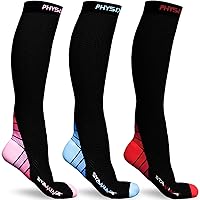 Physix Gear Sport 3 Pairs of Compression Socks for Men & Women in (Black/Pink + Black/Blue + Black/Red) S-M Size