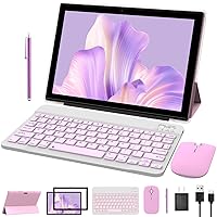 2 in 1 Tablet 10 Inch Android 12 OS Tableta, Tablets with Keyboard, Mouse, Case, Stylus, Tempered Film, 64GB ROM+4GB RAM, 8MP Dual Camera, Quad Core Processor, 6000mAh Battery, 10.1 IN FHD Tab Pink