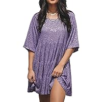 Women Sparkly Sequin Baby Doll Dress Short Sleeve Round Neck Glitter Tiered Tunic Shirt Dress Party Clubwear