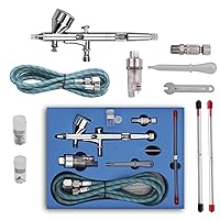 Pinkiou Airbrush Kit with Different Nozzle and Needles Muti-Purpose Dual Action Airbrush Sets with Air Brush 0.2 0.3 &0.5mm Needles and Air Hose for Hobby Model Painting Tattoo Cake Nail Art