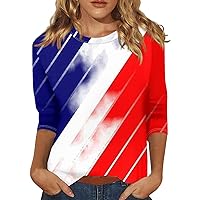 2024 Trendy 3/4 Sleeve Tops for Women T-Shirt Casual Independence Day Print Tops Shirt Round Neck Pullover Blouse 2024