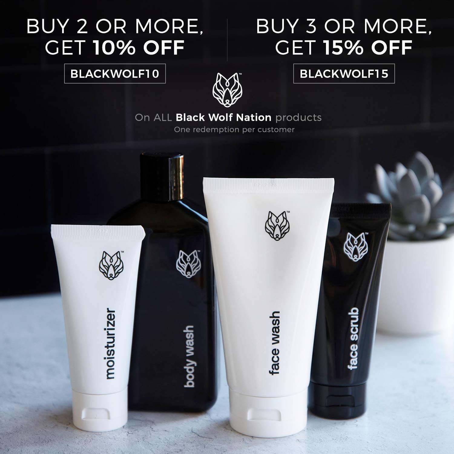 Black Wolf Shower Bundle for Oily Skin - 4pc Bundle- Includes Body Wash, Face Wash, Facial Scrub and Oil-Free Moisturize- Charcoal Powder and Salicylic Acid Reduce Acne Breakouts and Cleanse Your Skin