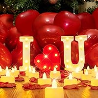 Homemory I Love U Light Up Letters Proposal Decorations, I Love U Sign with 24Pcs Flameless Candles 1000Pcs Red Fake Rose Petals 30Pcs Red Balloons for Valentine's Day Wedding Proposal Romantic Night