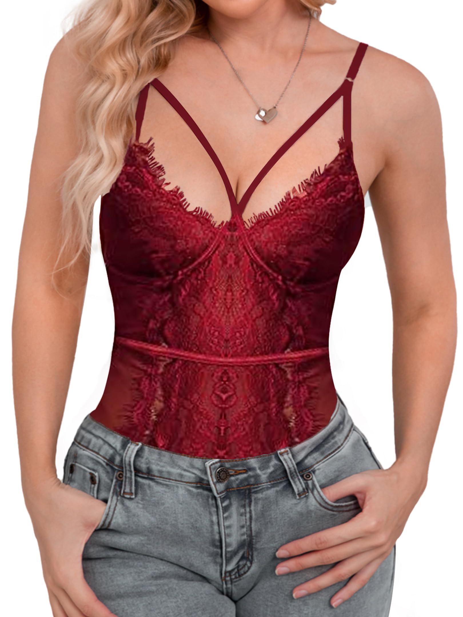 Buy popiv Womens Sexy Lace Bodysuit Eyelash Corset Top Bustier Cami Tops  Snap Crotch Teddy Lingerie Going Out Tank Top