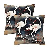 Two Japanese Cranes Flying Traditional Painting Decorative Throw Pillow Covers Case Square for Couch Sofa Bed Living Room Bedroom Set of 2, 18x18 Inch,