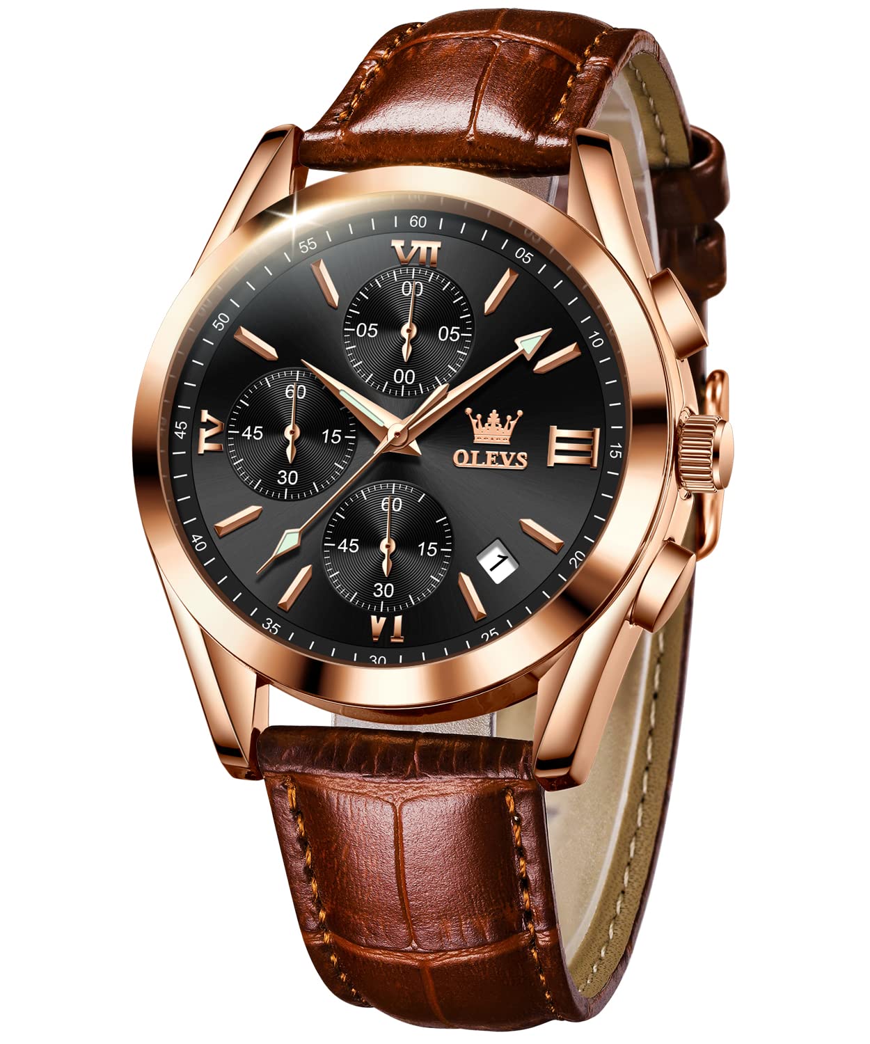 OLEVS Watches Mens Brown Leather Chronograph Fashion Business Sport Wrist Watch Analog Quartz Rose Gold Date Day Waterproof Male Watches
