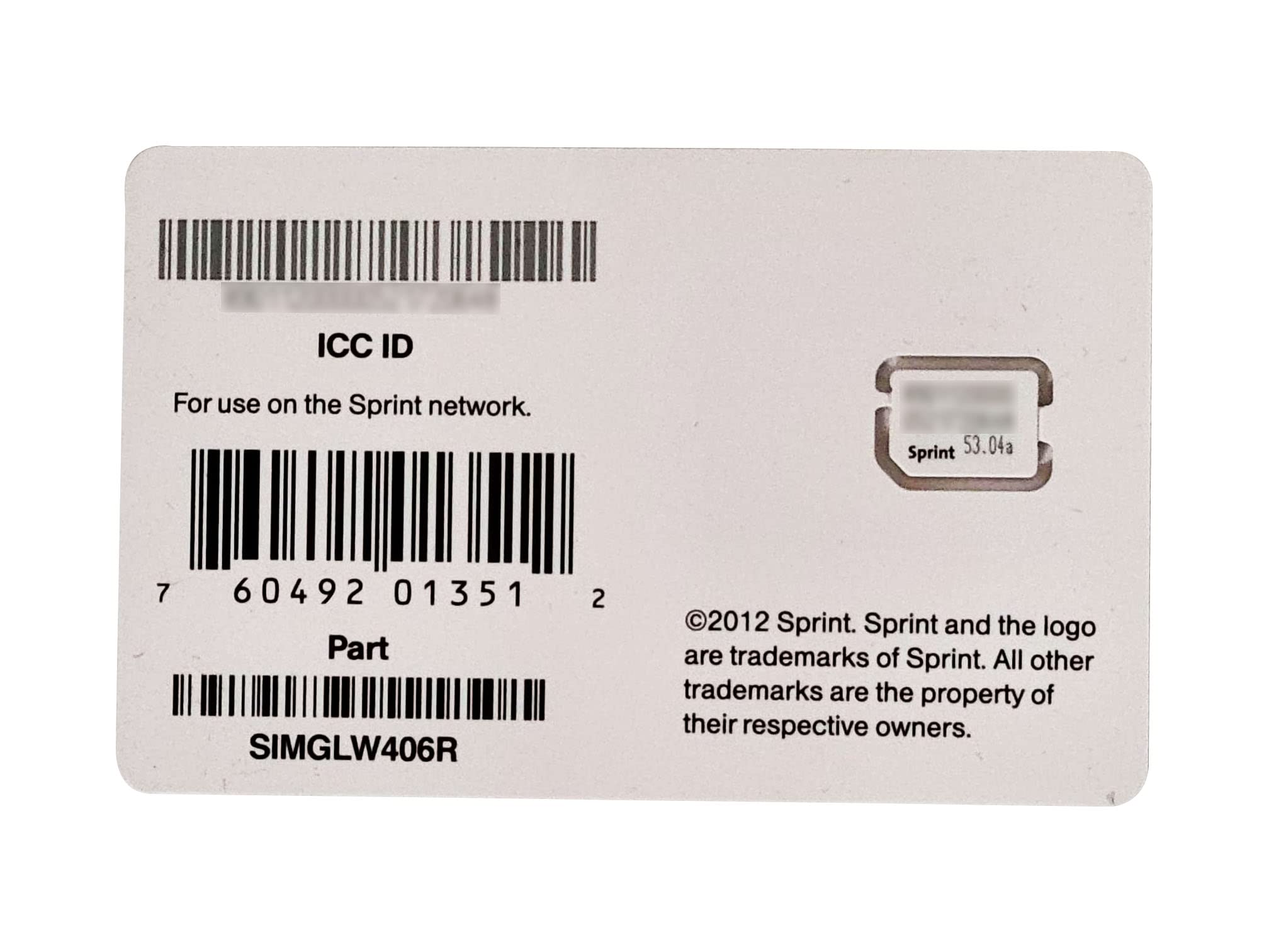 Sprint ICC ID Nano SIM Card for iPhone 5 SIMGLW406R