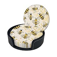 Honey Bee Print Coaster,Round Leather Coasters with Storage Box for Wine Mugs,Cold Drinks and Cups Tabletop Protection (6 Piece)